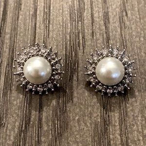 Pearl and silver diamond stud earrings